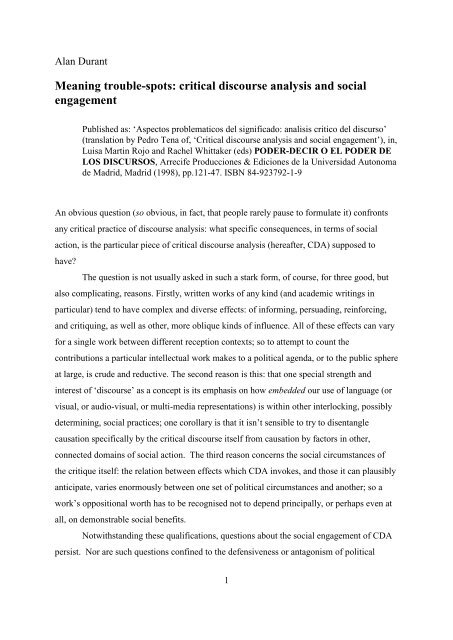 meaning trouble spots critical discourse analysis and discourse analysis