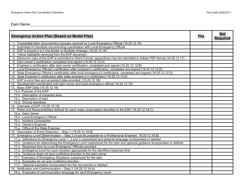 Dam Name: Emergency Action Plan (Based on Model Plan) Yes Not ...