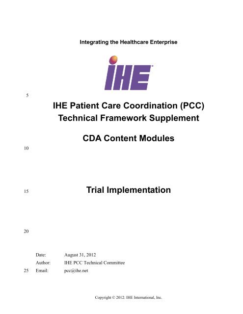 Pcc Technical Development Program (PCC) Technical Framework Supplement CDA Content ... - IHE