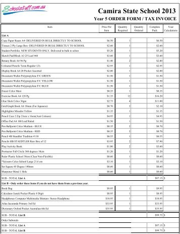 Camira State School 2013 Year 5 ORDER FORM / TAX INVOICE