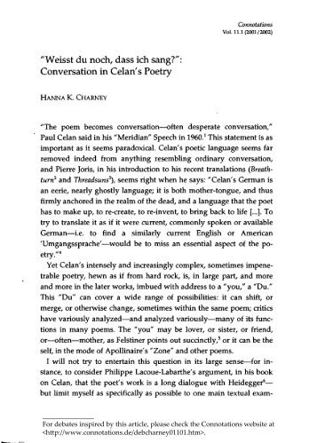 "Weisst du noch, dass ich sang?": Conversation in Celan's Poetry