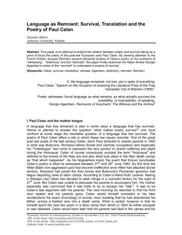 Survival, Translation and the Poetry of Paul Celan - Rupkatha ...