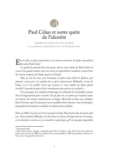 Paul Celan et notre quête de l'identité - Académie royale de langue ...