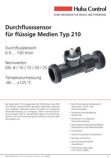 Durchflusssensor für flüssige Medien Typ 210 - Huba Control