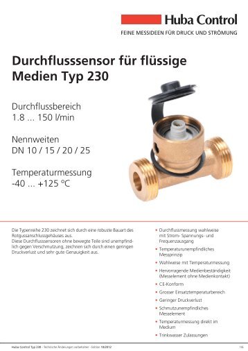 Durchflusssensor für flüssige Medien Typ 230 - Huba Control