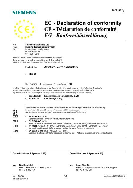 Declaration of conformity CE - Déclaration de conformité EG - Siemens