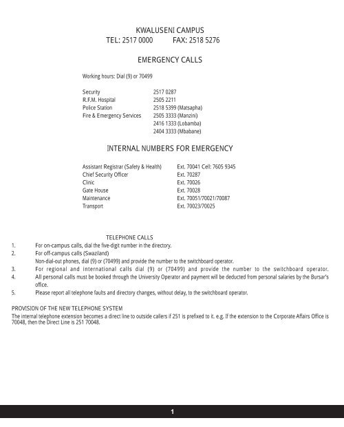 Internal Telephone Directory - University of Swaziland