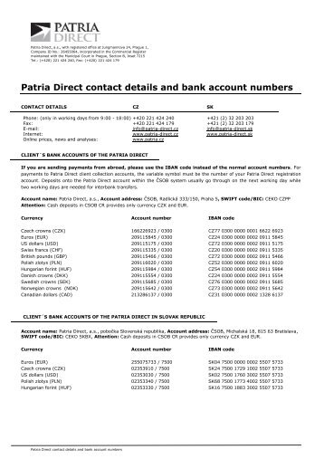 Patria Direct contact details and bank account numbers