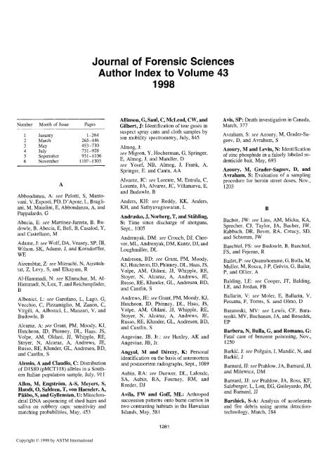 Journal of Forensic Sciences Author Index to Volume 43 - Library