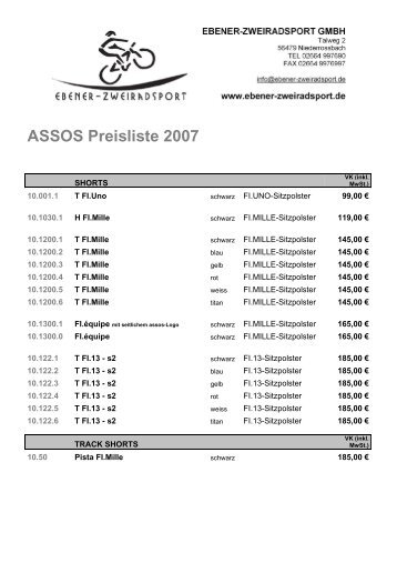 ASSOS Preisliste 2007 - Ebener-Zweiradsport GmbH