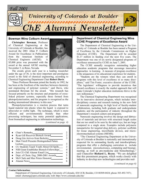 Che Alumni Newsletter University Of Colorado Boulder