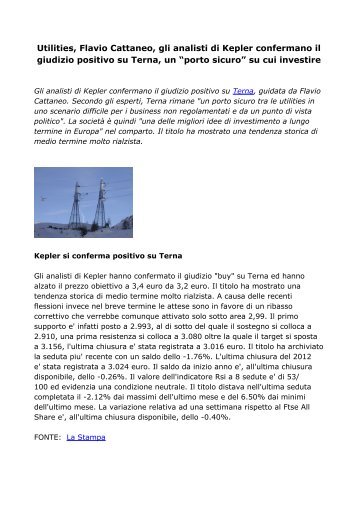 Flavio Cattaneo: Utilities, titolo Terna un porto sicuro per Kepler