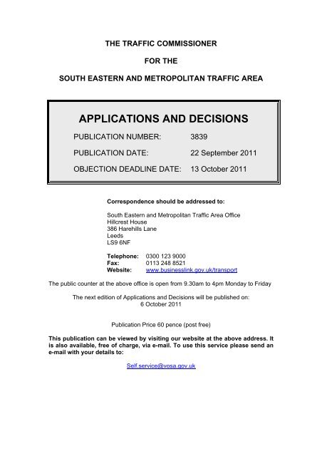 APPLICATIONS AND DECISIONS - Department for Transport