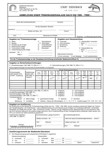anmeldung einer trinkwasseranlage nach din 1988 â trwi - Stadt ...