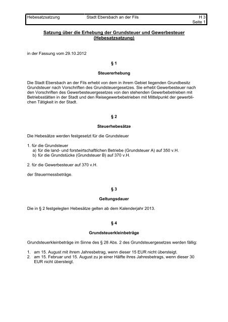 Satzung Uber Die Erhebung Der Grundsteuer Und Gewerbesteuer