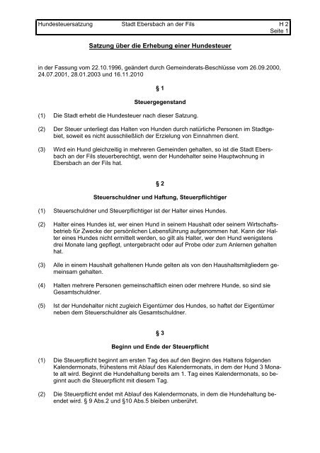 Satzung über die Erhebung einer Hundesteuer - Stadt Ebersbach ...