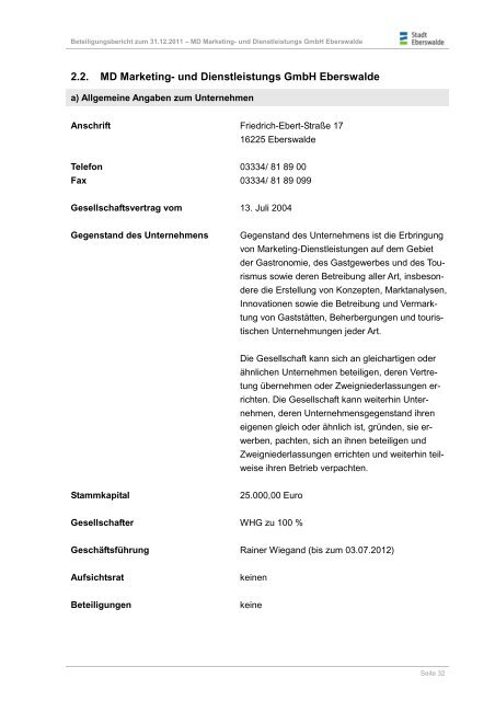 Beteiligungsbericht zum 31.12.2011 - Stadt Eberswalde