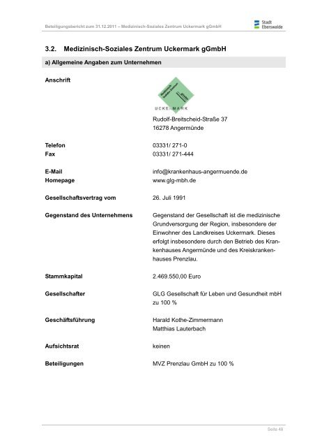 Beteiligungsbericht zum 31.12.2011 - Stadt Eberswalde