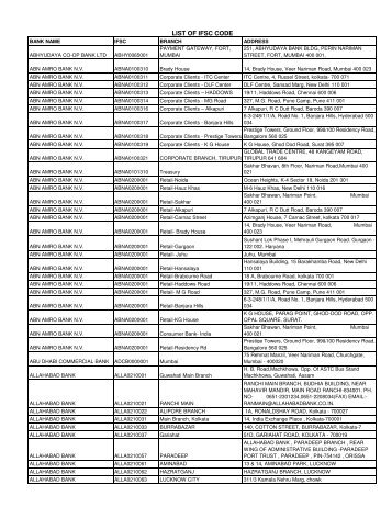 LIST OF IFSC CODE - North Central Railway