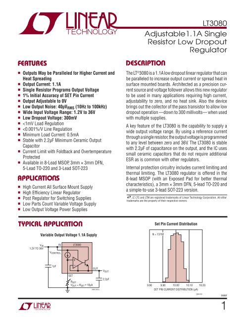 LT3080 - Adjustable 1.1A Single Resistor Low Dropout Regulator