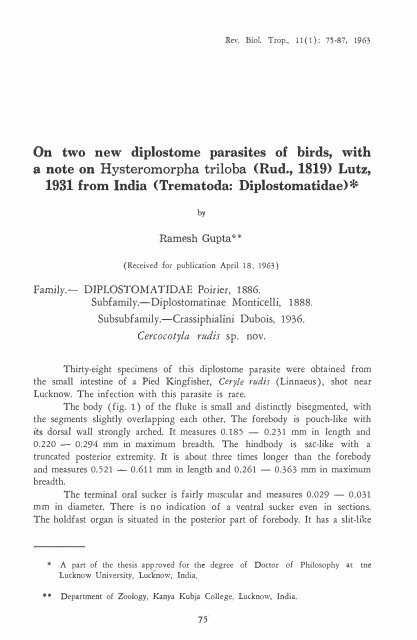 Family.- DIPLOSTOMATIDAE Poirier, Subfamily.-Diplostomatinae ...