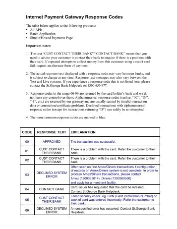 Internet Payment Gateway Response Codes – St.George Bank