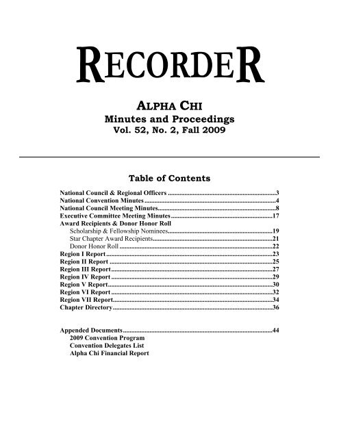Alpha Chi Proceedings Recorder Vol 52 No 2 Fall 2009