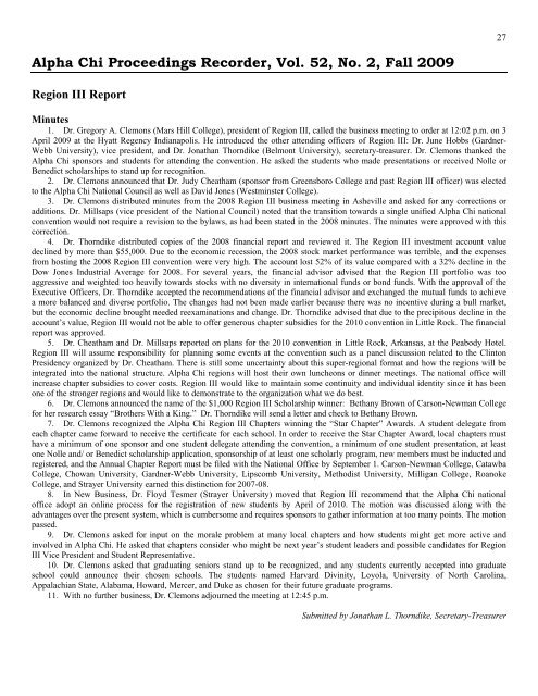 Alpha Chi Proceedings Recorder, Vol. 52, No. 2, Fall 2009