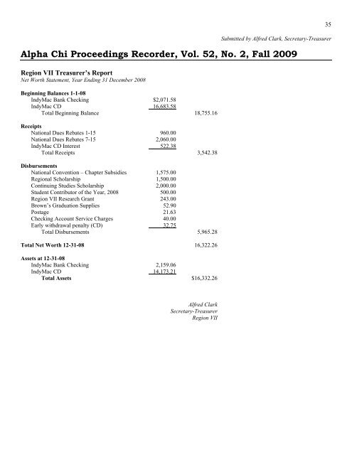Alpha Chi Proceedings Recorder, Vol. 52, No. 2, Fall 2009