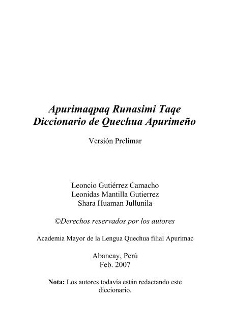 Apurimaqpaq Runasimi Taqe, Diccionario de Quechua ... - illa