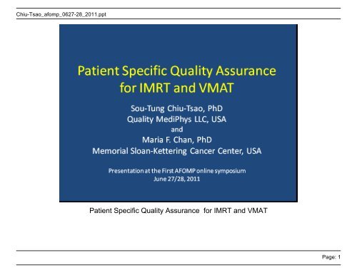 Patient Specific Quality Assurance for IMRT and VMAT