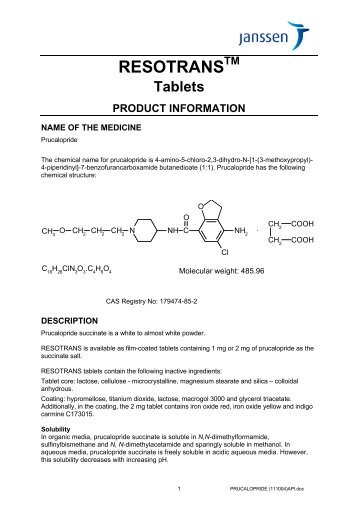 RESOTRANS TM Tablets PRODUCT INFORMATION - Janssen-Cilag