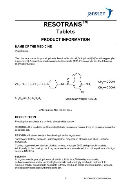 RESOTRANS TM Tablets PRODUCT INFORMATION - Janssen-Cilag