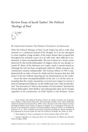 Review Essay of Jacob Taubes' The Political Theology of Paul