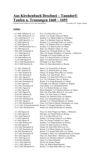 Aus Kirchenbuch Deschnei – Tanndorf: Taufen u. Trauungen 1660 ...