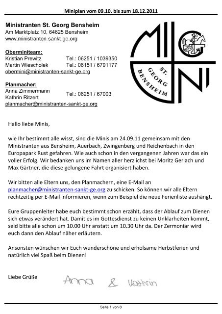 Miniplan vom 09.10. bis zum 18.12.2011 - Messdiener St. Georg