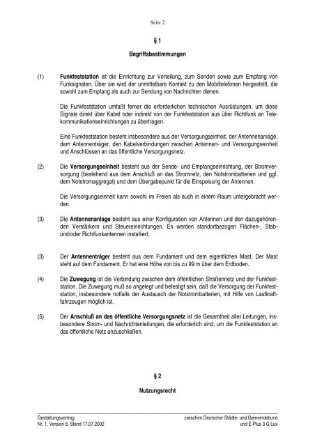 Gestattungsvertrag E- Plus 3 G (PDF) - Deutscher Städte- und ...
