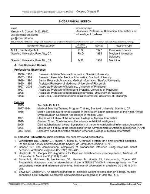 PHS 398 (Rev. 9/04), Biographical Sketch Format Page