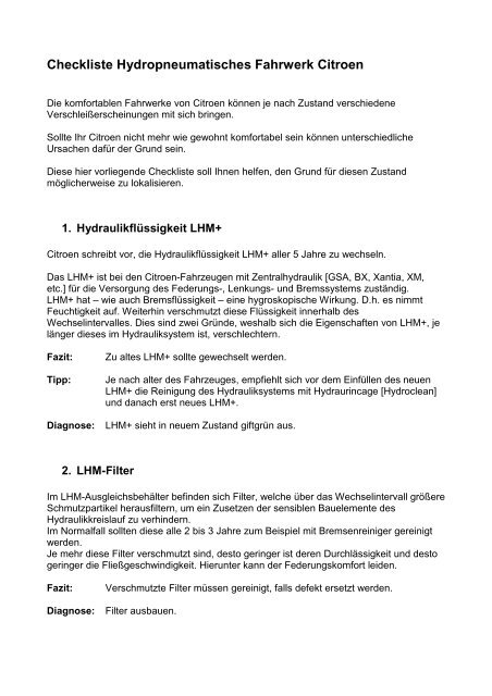 Checkliste Hydropneumatisches Fahrwerk Citroen
