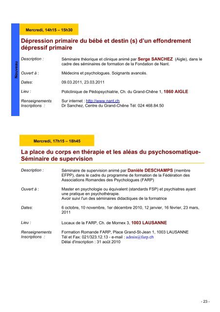 Agenda de l'EFPP Suisse romande