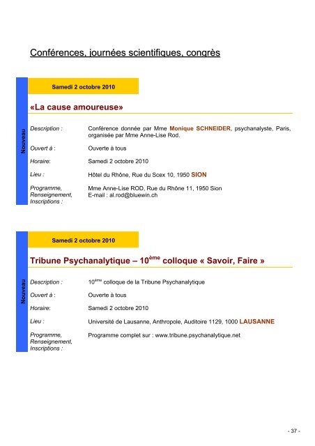 Agenda de l'EFPP Suisse romande