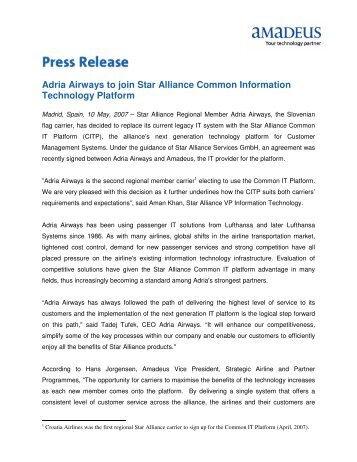 Adria Airways to join Star Alliance Common Information ... - Amadeus