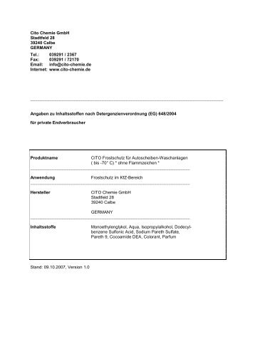 Cito Chemie GmbH Stadtfeld 28 39240 Calbe GERMANY Tel ...