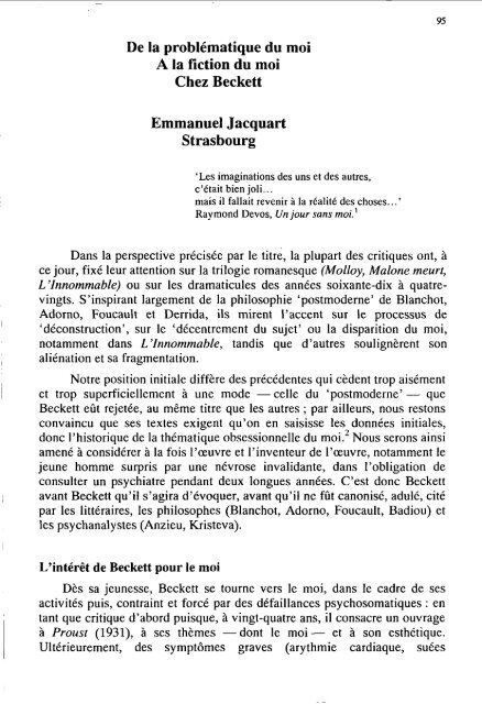 De la problématique du moi A la fiction du moi Chez Beckett ...