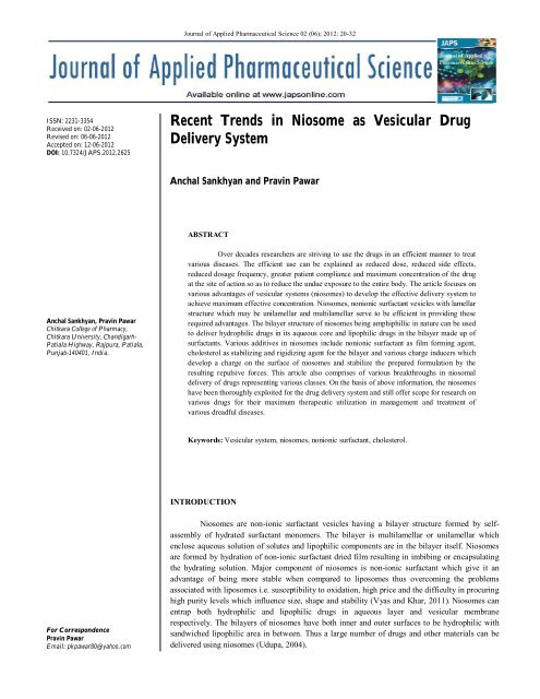 Recent Trends in Niosome as Vesicular Drug Delivery System