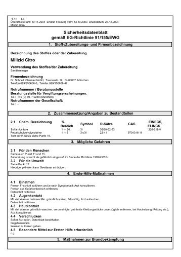 Sicherheitsdatenblatt gemäß EG-Richtlinie 91/155/EWG Milizid Citro