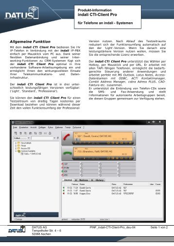 Datenblatt Indali Basic indali CTI-Client Pro - bei Eckmann ...