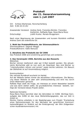 Protokoll der 21. Generalversammlung vom 1. Juli 2007 - AkDaF