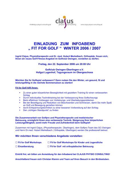 EINLADUNG ZUM INFOABEND „ FIT FOR GOLF ... - Golfclub Owingen