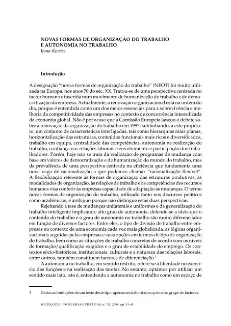 NOVAS FORMAS DE ORGANIZAÇÃO DO TRABALHO E ... - SciELO